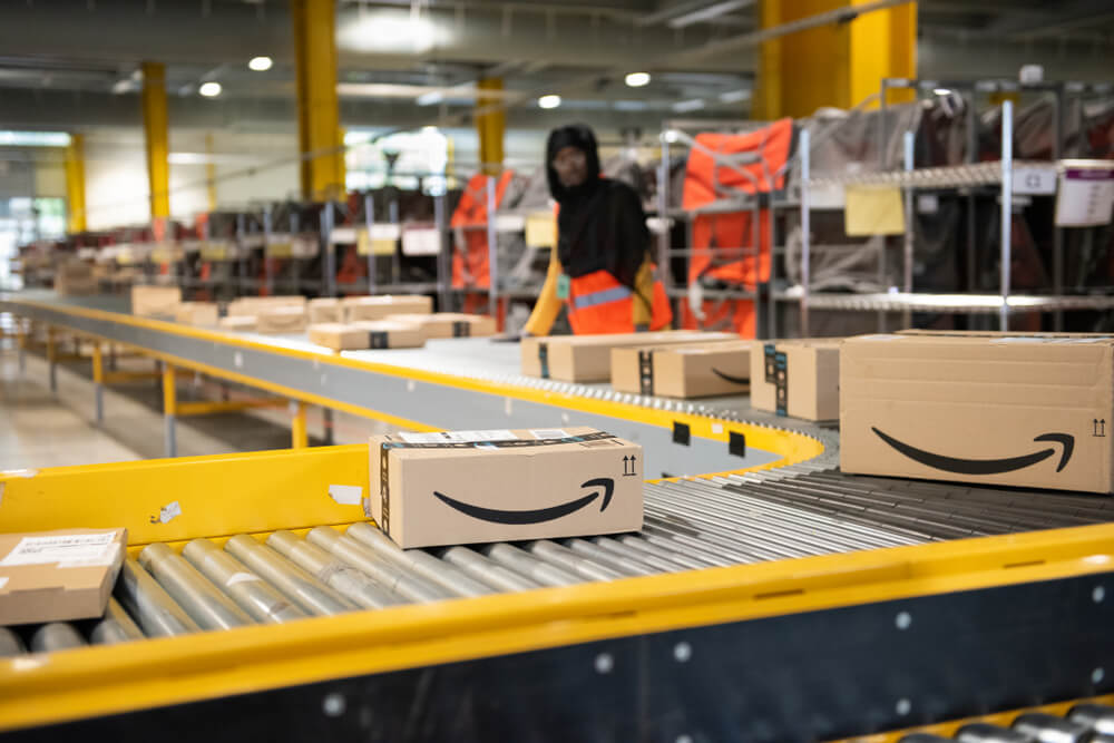Boxes on an Amazon conveyor belt